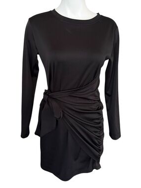 Sucrefas Black Long-Sleeve Side Tie -Waist Dress, flattering, mini, sz Small